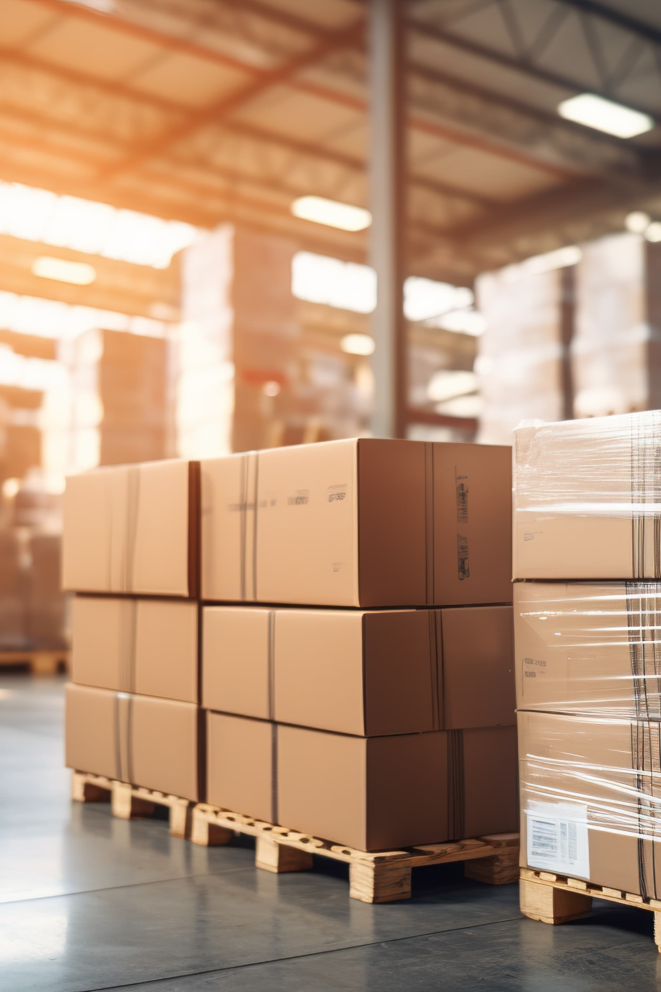 Palets con cajas en un almacén iluminado, simbolizando la combinación de seguridad, eficiencia y flexibilidad que Del Bravo ofrece para el almacenamiento de productos
